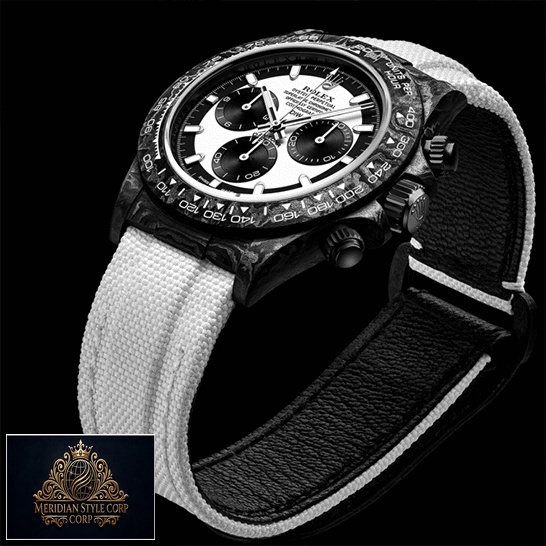 Rolex Daytona Carbon Cream Textile Bracelet White Dial Replica Black Background