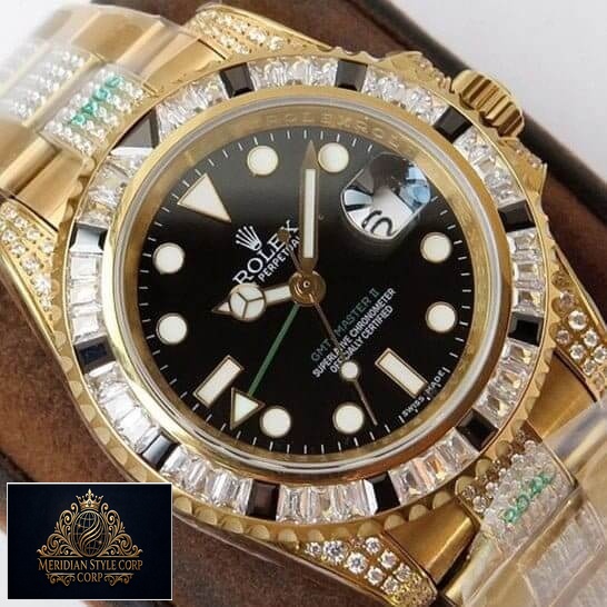 Rolex GMT-Master II 116748SANR Yellow Gold Black Dial Gem-Set Bezel Replica