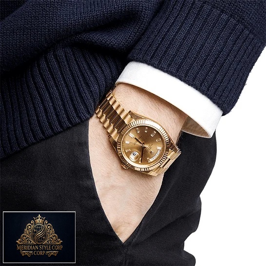 the gold Rolex Day Date watch on the man's arm