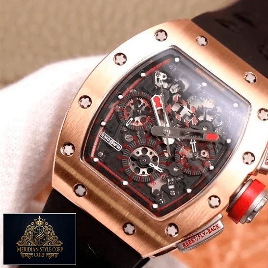 Richard Mille RM011 Gold Rose Bezel Black Bracelet Replica front view
