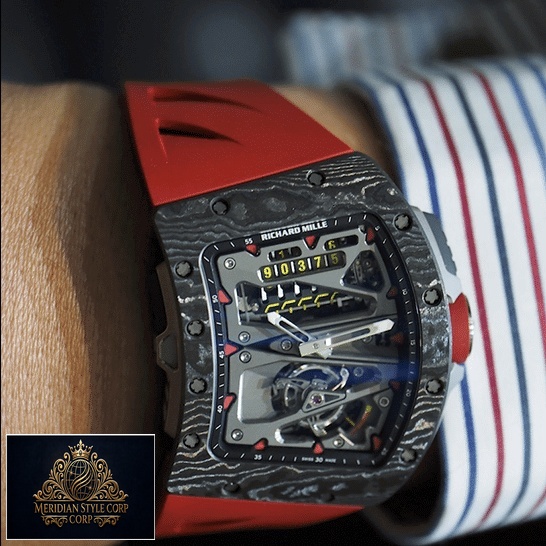Richard Mille RM7001 Black Bezel Red Bracelet Replica on the wrist
