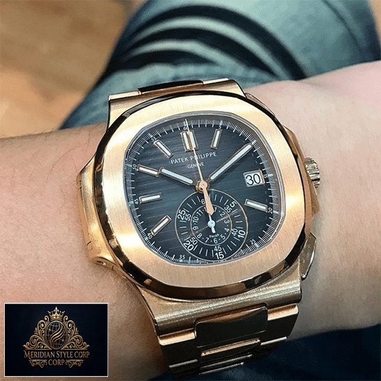 Patek Philippe Black Dial Rose Gold Bezel Replica in the man wrist