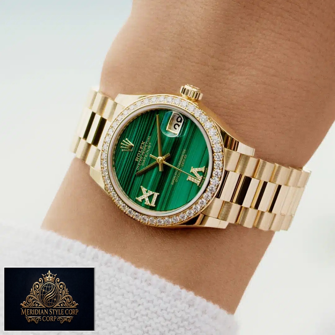 Rolex datejust gold green dial roman diamond bezel replica above the wrist