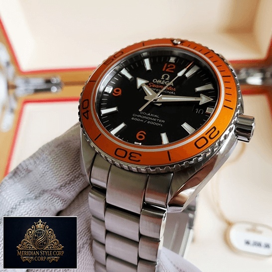 Omega Turuncu Bezel Siyah Kadran Replika çelik bilezik kutuda