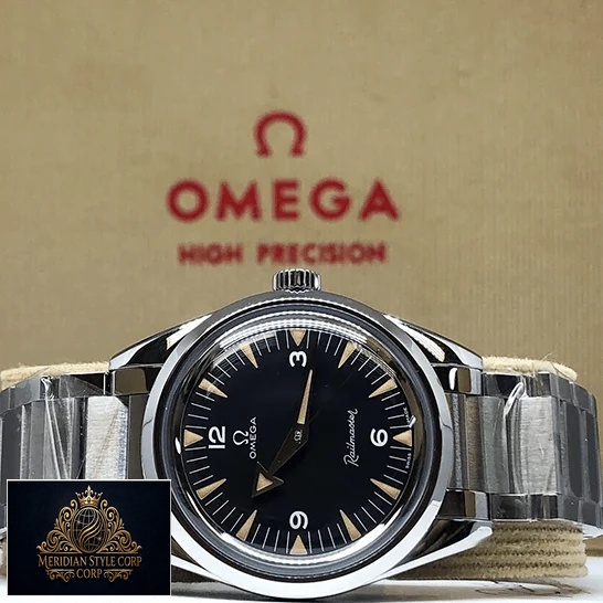 Omega Seamaster Black Dial Replica stainless steel bracelet in the omega box