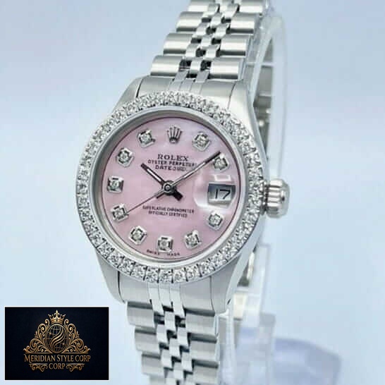 Rolex Datejust Pink Diamond Dial Jubilee Replica on the white stand