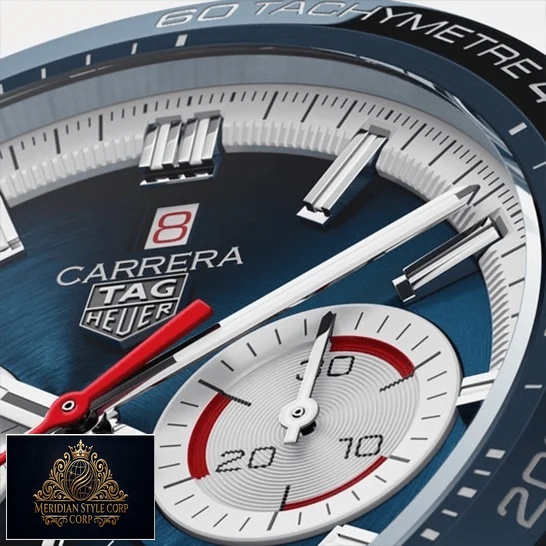Tag Heuer Carrera Blue Dial Red Second Han Tachymetre Blue Bezel Replica close view