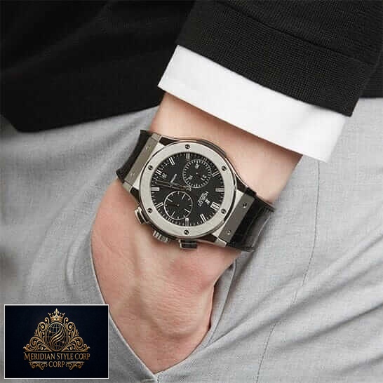 Hublot Classic Fusion Black Dial Leather Black Bracelet Replica on the man wrist