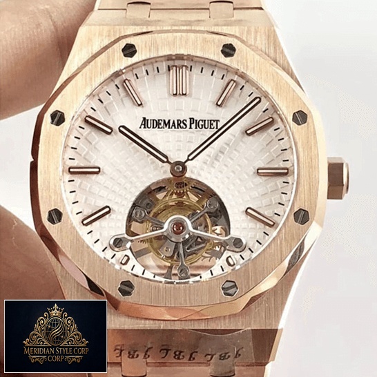 Audemars Piguet Royal Oak Tourbillion White Dial Rose Gold Case Replica on the hand