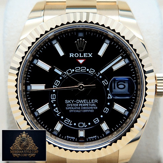 Rolex Sky-Dweller Black Dial Yellow Gold Fluted Bezel 326938-0004 Replica