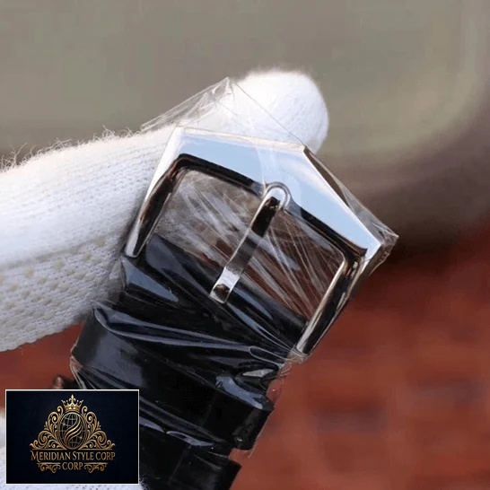 Patek Philippe Leather Black Bracelet Steel Clasp Replica on the whte glove hand