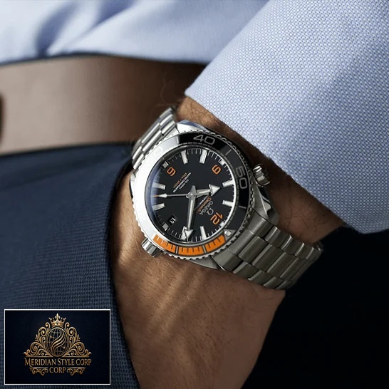 Omega Black Dial Orange Bracelet Oyster Replica on the man in the suit