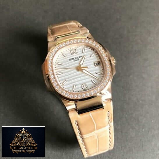 Patek Philippe Geneve 7010 Diamond Bezel Leather Bracelet Replica grey background