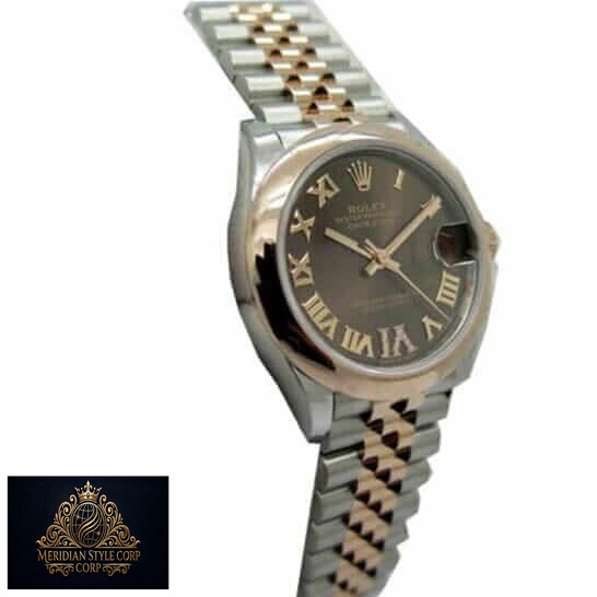 Rolex datejust everose roman replica side view and stainless steel bracelet