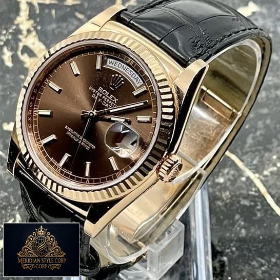 Rolex Day-Date 128238 "Black Leather" Super Accurate Clone Rolex Day Date 118139 Black Leather Brown Dial