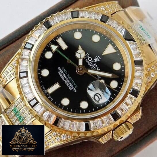 Rolex GMT-Master II 116748SANR Yellow Gold Black Dial Iced Out Replica