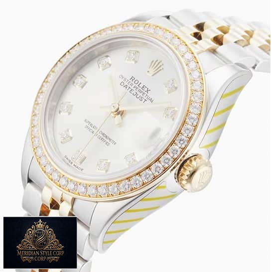 Rolex Datejust White Dial Diamond Bezel Replica side view and push button