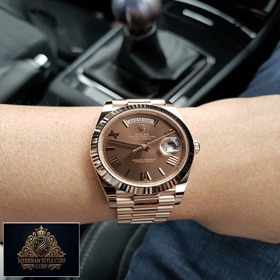 Rolex Day-Date 40 228235-0002 Brown Dial with diamonds Replica on his arm