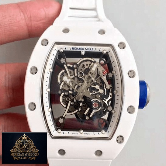 Richard Mille RM55 White Ceramic Black Dial Replica blue crown / push button