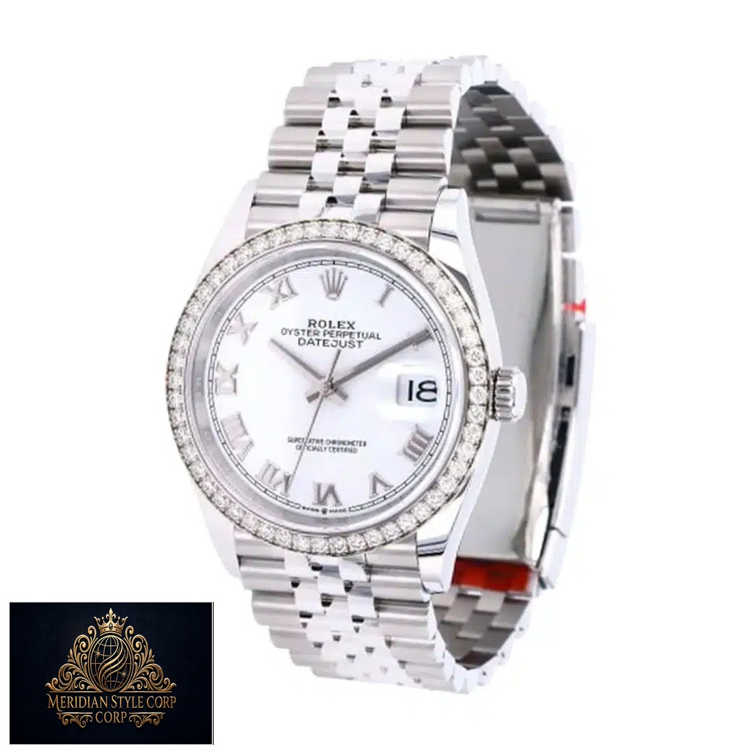 Rolex datejust with white background standing on its side