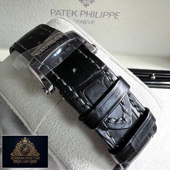 Patek Philippe Nautilus Moon Phase Leather Black Bracelet Replica in the box